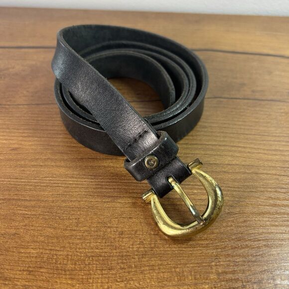 VTG Etienne Aigner Belt Black Leather Womens Brass Tone Buckle and Logo Skinny - Picture 2 of 7